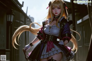 A woman in a maid outfit holding a gun.